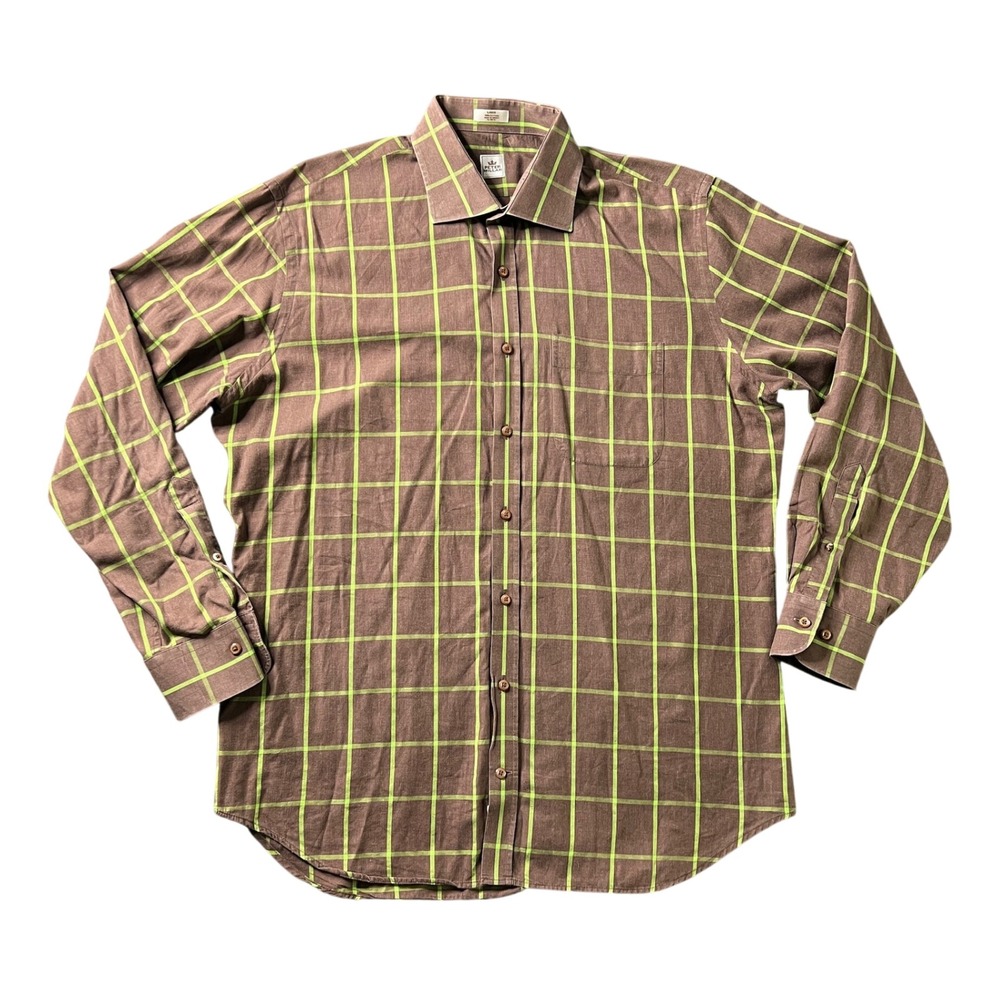 Peter Millar Men's Large Brown Lime Windowpane Plaid Cotton Button Down Shirt